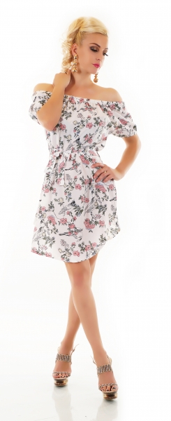 Süßes Blümchen Minikleid mit Carmen-Ausschnitt - weiß