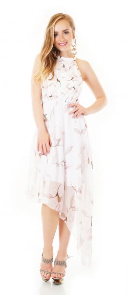 Asymetrisches Vokuhila-Kleid mit Blüten-Prints in weiß