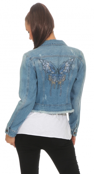 Kurz geschnittene Jeansjacke mit Strass-Butterfly - blue washed