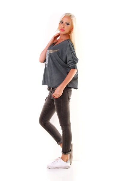 Meliertes Langarmshirt mit Nieten-Verzierung - graphit