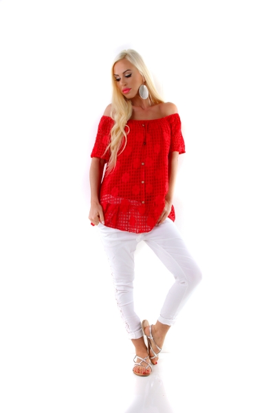 Carmen-Bluse mit süßem Volant-Abschluss - rot