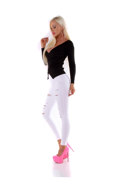 Tailliertes Ripp-Shirt mit Wickel-Optik - schwarz