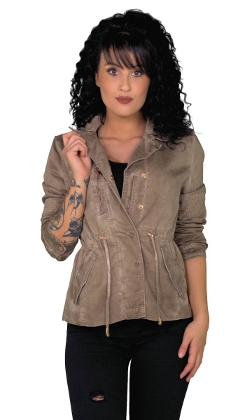 Taillierte Jeansjacke im Vintage-Look mit Tunnelzug-Bändchen - sand