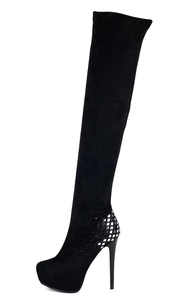 Sexy Overknee-Stiefel mit Schmucksteinchen und Spiegel-Plättchen in schwarz