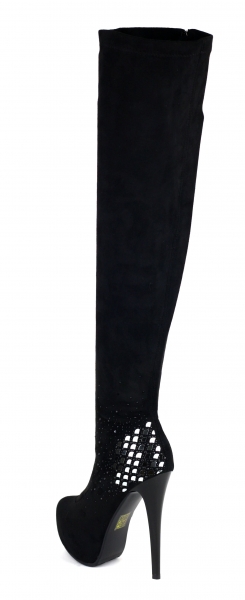 Sexy Overknee-Stiefel mit Schmucksteinchen und Spiegel-Plättchen in schwarz