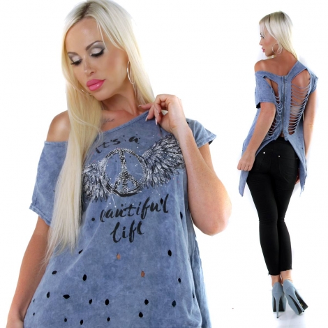 Sexy Party Used-Shirt mit zerrissener Rückenpartie - blau