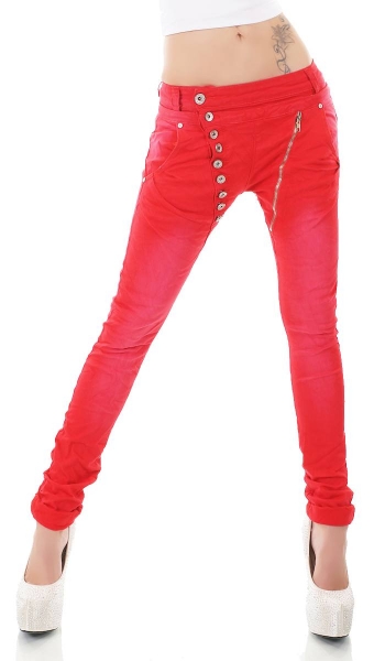 Crash-Jeans mit diagonaler Knopfleiste in rot