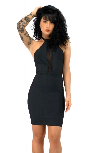 Stretch-Minikleid mit sexy Mesh-Einsatz und eleganter Rückenschnürung in schwarz