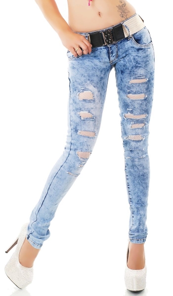 Destroyed Röhrenjeans mit Rissen und Glamour-Gürtel in acid blue