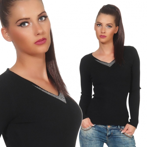 Taillierter Feinstrick-Pullover mit Strass-Verzierung - schwarz