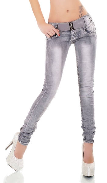 Slim Fit Röhrenjeans mit frechen Wasch-Effekten inkl. Gürtel in grey washed