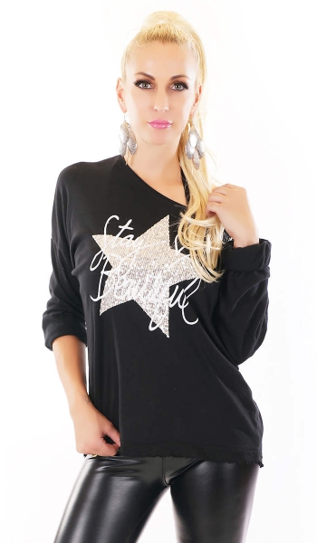 Oversize Shirt mit Pailletten-Herz in schwarz