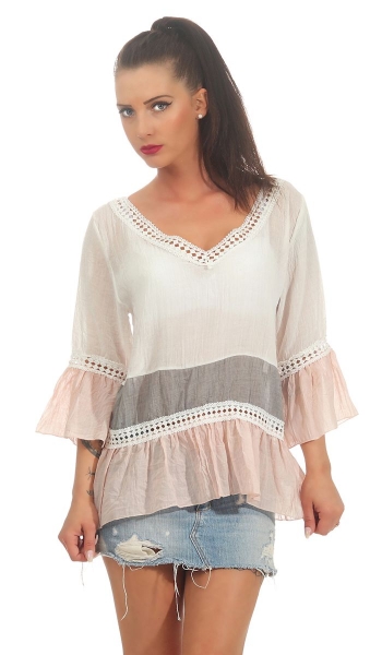 Tunika Shirt mit süssen Spitzen-Bordüren in rosa / weiß
