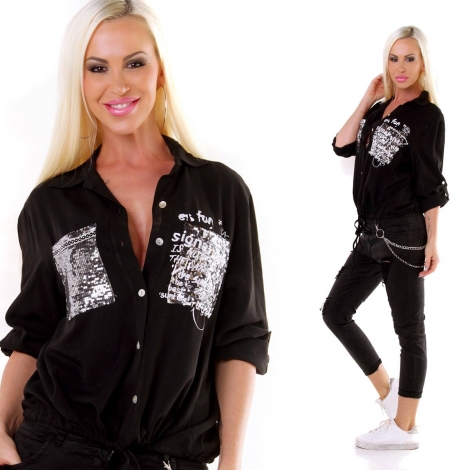 Legere Bluse mit Pailletten- und Schrift- Verzierung - schwarz