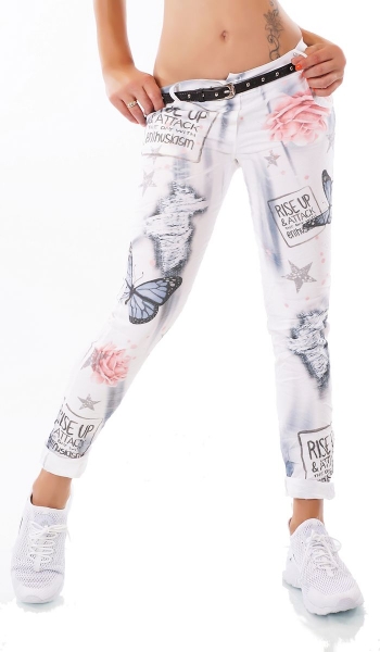 Chino-Hose mit süssen Butterfly- und Schriftzug-Prints inkl. Gürtel in weiß / rosa