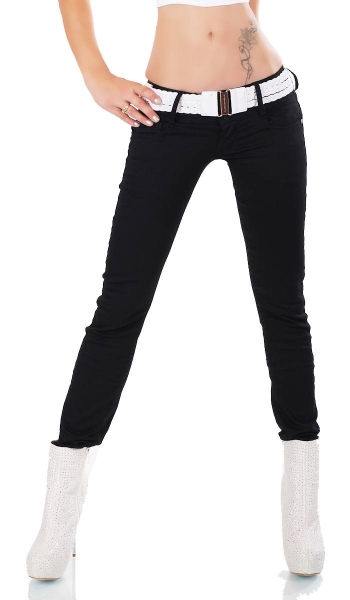 Slim Fit Röhrenjeans mit Zier-Zippern und Flecht-Gürtel in schwarz