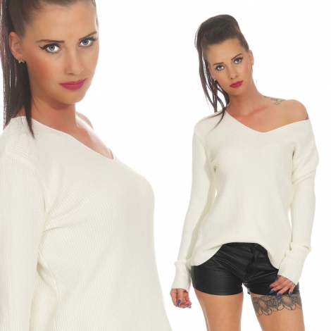 Oversize Strickpullover mit V-Auschnitt in cremeweiß