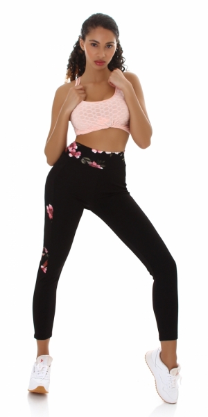 Moderne Fitness-Leggings im High Waist Look  mit Blumenprint - schwarz / rosa