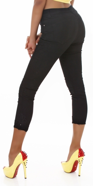 7/8 Highwaist-Jeans mit Spitzen-Verzierung - schwarz