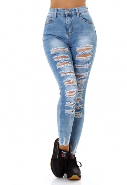 High Waist Skinny Jeans im sexy Destroyed-Look - blue washed
