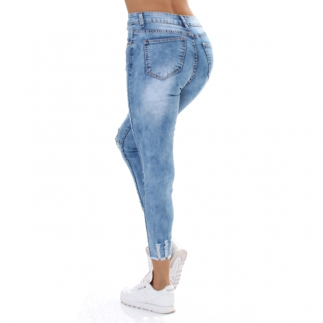 High Waist Skinny Jeans im Used-Look mit Schrift-Prints - blue washed