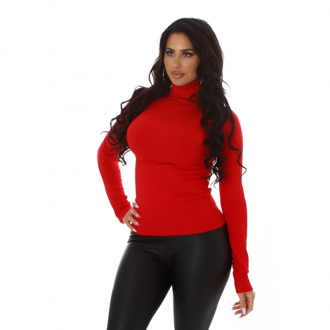 Figurbetonter Feinripp Rollkragen-Pullover in rot