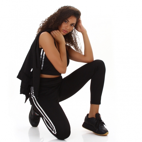 3-teiliges Sportset mit seitlicher Streifenapplikation in schwarz / silber
