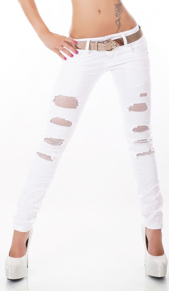 Skinny-Jeans mit Glitzer-Netzen und Gürtel in weiß