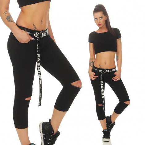 Moderne Vintage Crash-Capri mit Stoffgürtel in schwarz