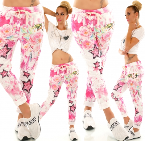 Modische Freizeithose im Baggy Style mit Allover Print in pink