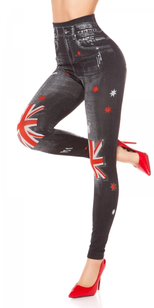 Leggings in Jeans-Optik mit verzierten Flaggen-Print - black washed