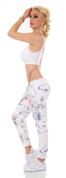Atemberaubende Baumwollhose mit süssen Flower-Prints in weiß