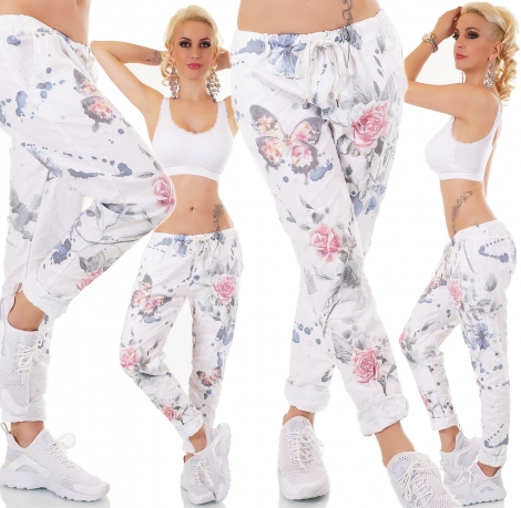 Atemberaubende Baumwollhose mit süssen Flower-Prints in weiß