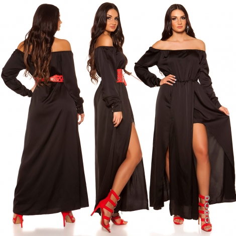 Exklusives Satin-Abendkleid mit sexy Carmen-Ausschnitt - schwarz