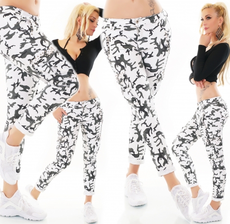 Figurbetonte Skinny-Jeans im Cargo-Design mit Zierperlen - camouflage / weiß