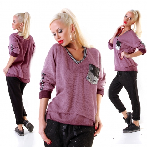 Under-/Over Strickpullover mit Glitzer-Streifen in beere