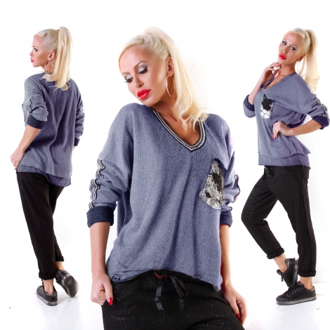Under-/Over Strickpullover mit Glitzer-Streifen in blau