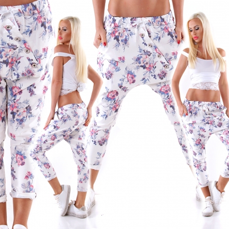 Ausgefallene Baggy-Hose mit Zierknopfleiste - blau/pink