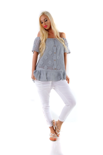 Carmen-Bluse mit süßem Volant-Abschluss - stone