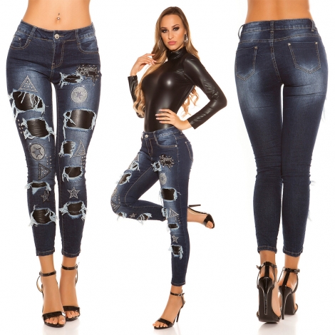 Sexy Skinny-Jeans im Used-Look mit Leder-Patches - blue washed
