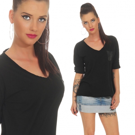 Dünnes Baumwoll-Shirt mit Pailletten-Verzierung - schwarz