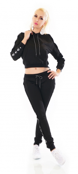 Jogginganzug mit Hoodie und Totenkopfbordüre in schwarz