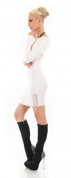 Longpullover mit XXL-Rollkragen und Glamour-Zippern in weiß