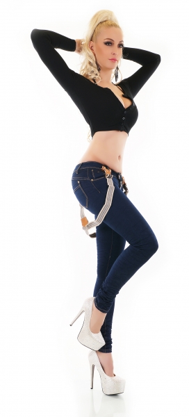Crash-Jeans mit Kontrastnähten und Hosenträgern in dark blue