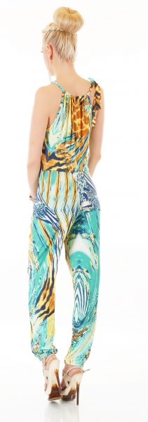 Eleganter Overall im Marlene-Style im fröhlich bunten Sommermuster - türkis