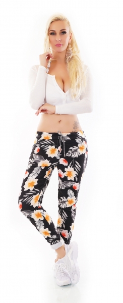 Moderne Freizeithose mit bunten Blumen-Prints - multicolor schwarz