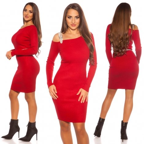 Figurbetontes Feinstrick-Minikleid mit Strass-Träger - rot