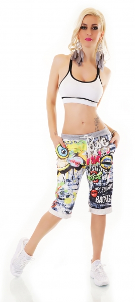 Capri-Sweathose im Boyfriend-Style mit Eye-Graffiti-Prints - blau