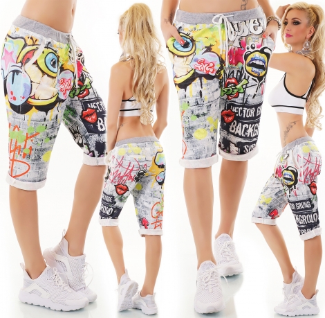 Capri-Sweathose im Boyfriend-Style mit Eye-Graffiti-Prints - stone
