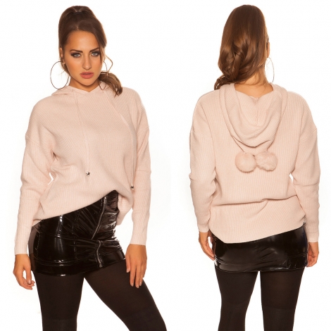 Warmer Kapuzen-Pullover mit modischen PomPoms - altrosa